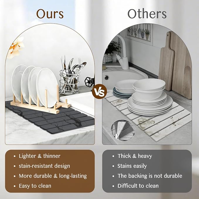 Large Stone Dish Drying Mat for Kitchen Counter, Thin & Light Quick Dry Stone Dishes Mats, Foldable Water Absorbing Diatomite Drying Pad for Kitchen Bathroom Sink Countertop (Gray Ink 24"×16" & 8"x4")
