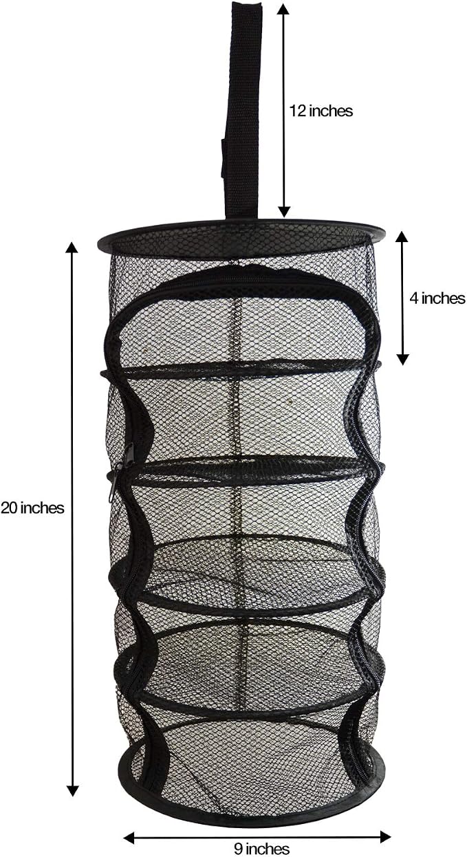 9 Inch 5 Level Micro Hanging Dry Net Indoor/Closet Drying Rack for Herbs, Plants, Organizer, Freshner - Black Mash Screen with Top-to-Bottom Zipper - Apartment Size with Zipped Storage Pouch