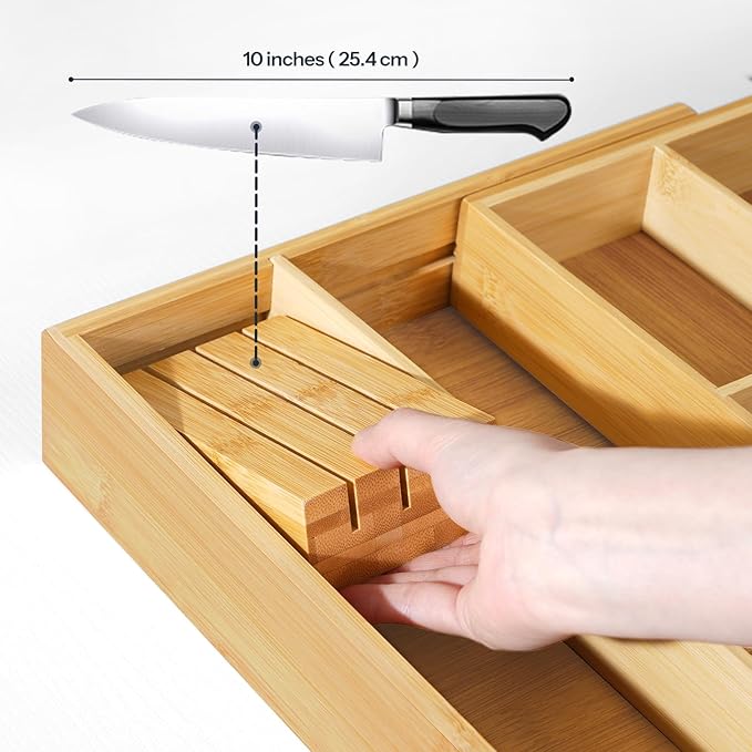 HOOBRO Large Silverware Organizer Kitchen Drawer Organizer, Magnetic Connected Expandable Utensil Organizer From 22 to 35 Inches, Bamboo 16 Slots Cutlery Tray with Knife Holder, Natural YL07TL01