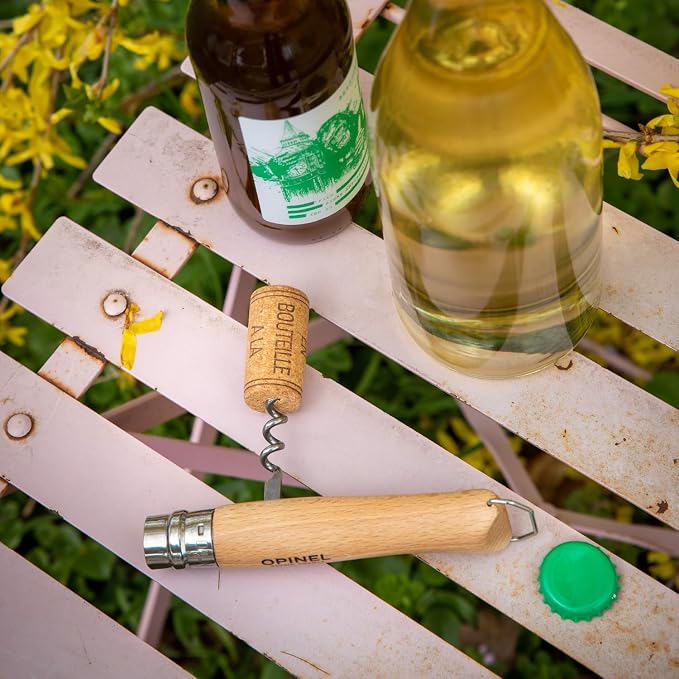 Opinel No. 10 Stainless Steel Corkscrew Wine and Cheese Folding Knife, Integrated Corkscrew + Bottle Opener, Beechwood Handle - Picnic Pocket Knife Made in France (Updated Version)