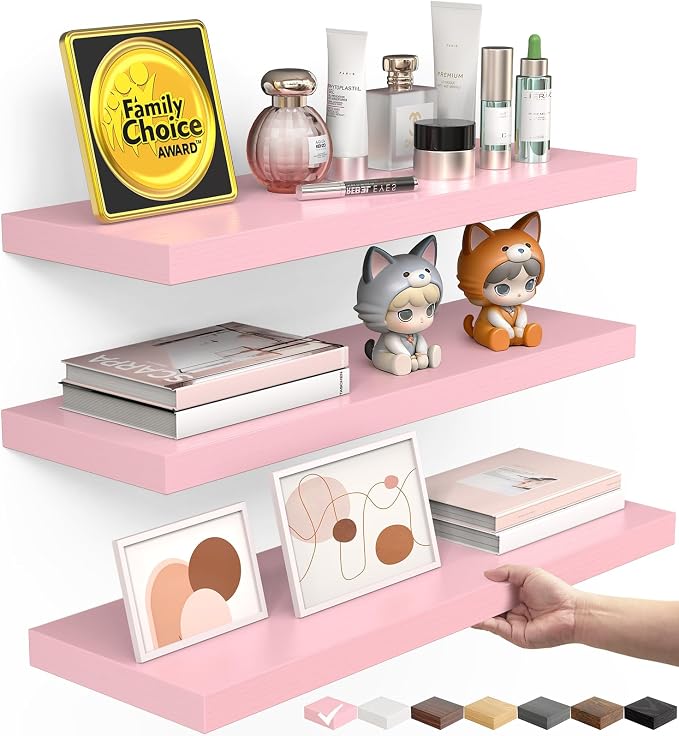 BAYKA Pink Floating Shelves for Wall Set of 3, 15.7in Wood Wall Shelves for Bathroom, Bedroom, Living Room Decor Organize, Hanging Shelf for Books/Storage/Display with 22lbs Capacity