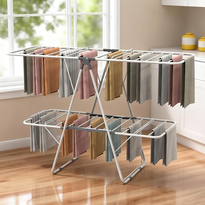 Clothes Drying Rack, 2-Tier Foldable Laundry Dryer Rack, Metal Height Adjustable Clothes Rack, for Outdoor & Indoor, with 31 Drying Rails, 59" L × 23.8" W