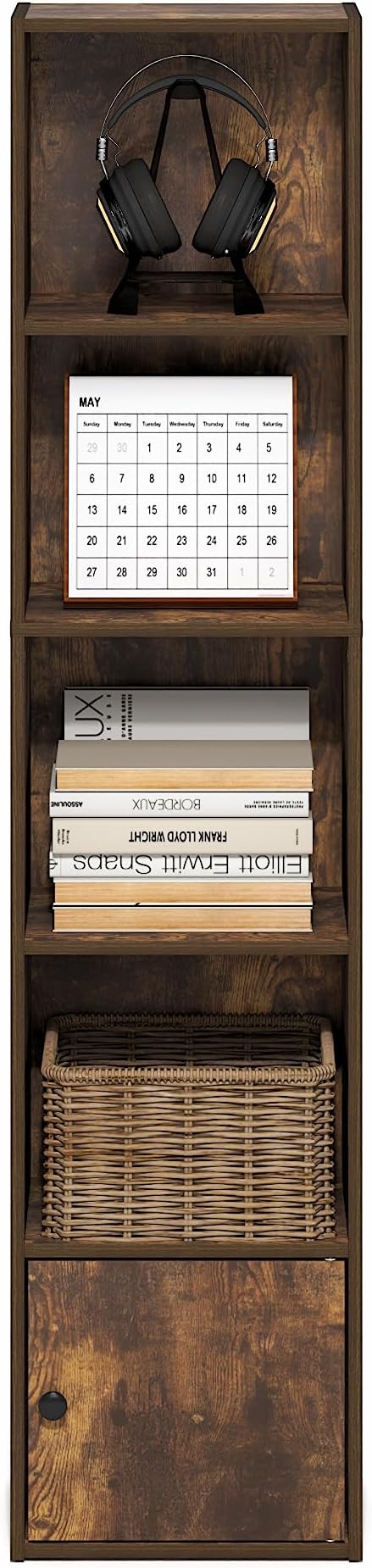 Furinno LUDER Book Shelf, 5-Tier Bookshelf with Open Shelf, Standing Bookcase with 1 Door Cabinet, 9.3 x 12 x 52, for Organization and Storage, for Living Room, Bedroom, Home Office, Amber Pine