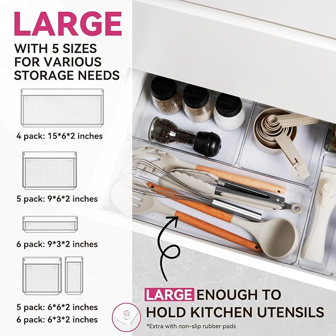 Criusia Large Drawer Organizer Bins 26 Pack | Complete 5 Size Clear Plastic Kitchen Drawer Organizers for Utensils | Bathroom Drawer Organizer Trays | Versatile for Makeup Office Organization