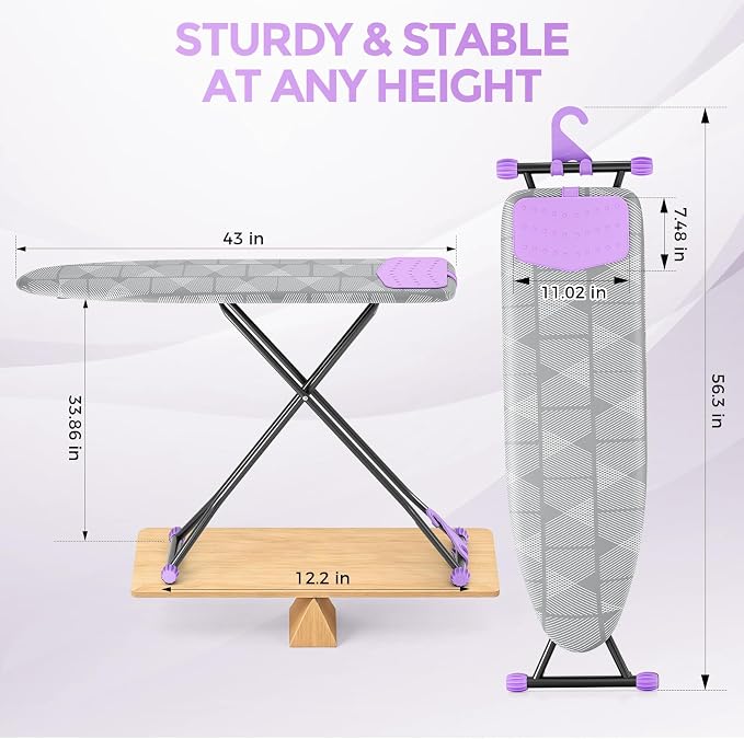 APEXCHASER Ironing Board with Iron Rest, Compact and Space Saver Iron Board, Extra Thick Cover, Height Adjustable, Wall Mount & Closet Hanger 13x43 Grey