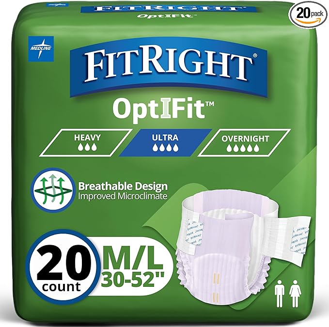FitRight Stretch Adult Incontinence Briefs with Tabs, Ultra Absorbent, Size 1, 30" to 52", 20 Count
