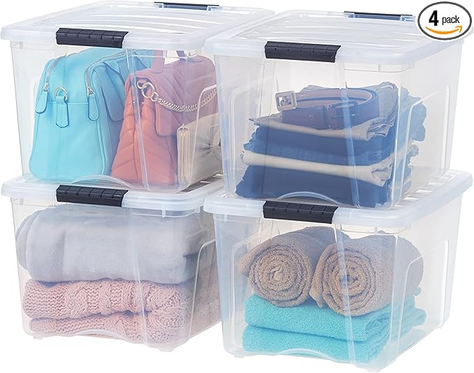 IRIS USA 40 Qt Stackable Plastic Storage Bins with Lids, 4 Pack - BPA-Free, Made in USA - See-Through Organizing Solution, Latches, Durable Nestable Containers, Secure Pull Handle - Clear