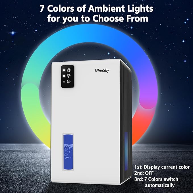 NineSky Dehumidifier, 1000 sq.ft Dehumidifiers for Home with 95oz Large Water Tank,Quiet Dehumidifier with 7-Color Ambient Light & Auto Shut Off, Dehumidifier for Basement, Bedroom, Bathroom (White)