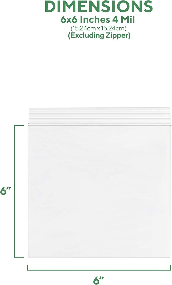 6" x 6" Heavy-Duty Zip Bags - 200 Count - Clear Plastic Reclosable Zipper Baggies, 4 Mil Thick Freezer Storage Poly Bags with Resealable Zip Top Lock for Packaging Food, Tools & Sharp Objects.
