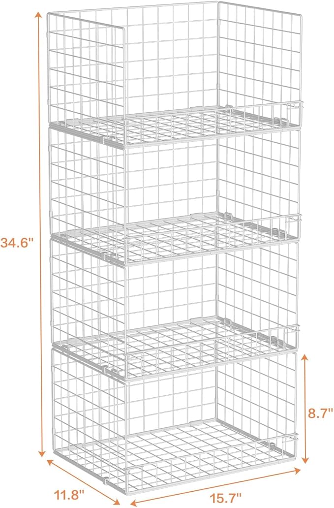 Yociyoga 4-Tier Stackable Closet Organizers and Storage Basket, Foldable Closet Shelf Organizer System, Space-Saving Clothes Storage Drawer Organizer for Wardrobe, White ((Patent 30022416))
