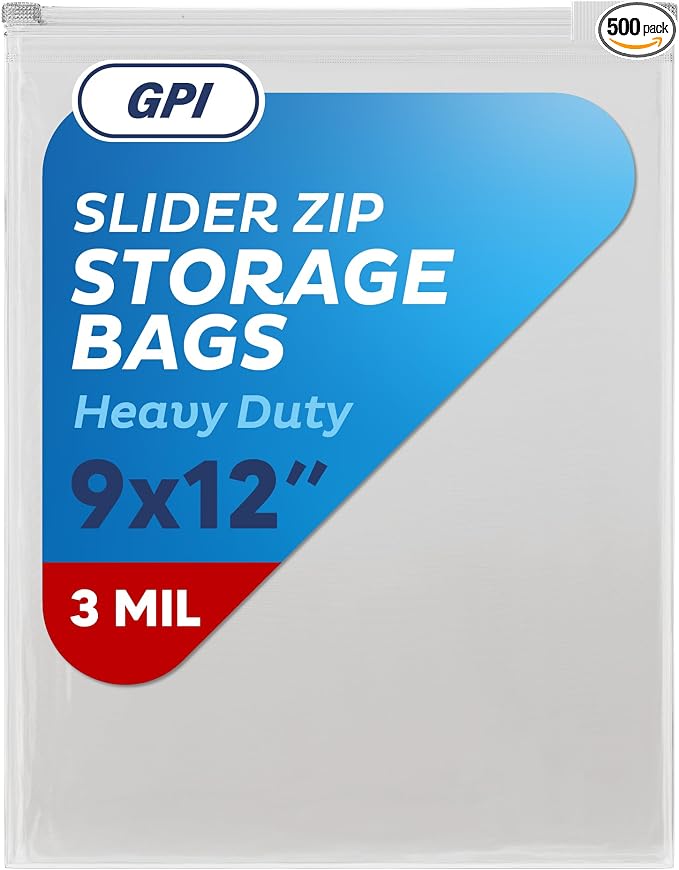 500 Count - Slider Zip Food Storage Bags, 9" x 12" 3 Mil Heavy Duty, Strong & Durable For Freezer Storage. GPI