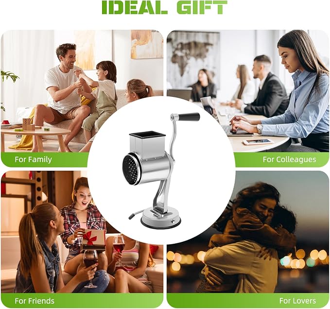 5-In-1 Stainless Steel Rotary Vegetable Cheese Grater Potato Slicer, Countertop Grater Manual Kitchen Shredder Round Food Chopper with Blades for Cafeterias Restaurants Hotels