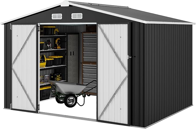 Aoxun 9.8x7.6 FT Shed Outdoor Storage Shed, Black | Metal Shed with Lockable Doors & Slooping Roof Garden Tool Shed for Backyard, Patio, Poolside