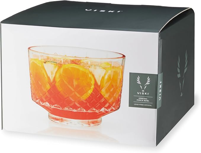 Viski Admiral Crystal Punch Bowl - Vintage Style Glass Punch Bowl for Parties - Serveware for Cocktails, Dishwasher Safe 2.5 Gallons 320oz Set of 1.