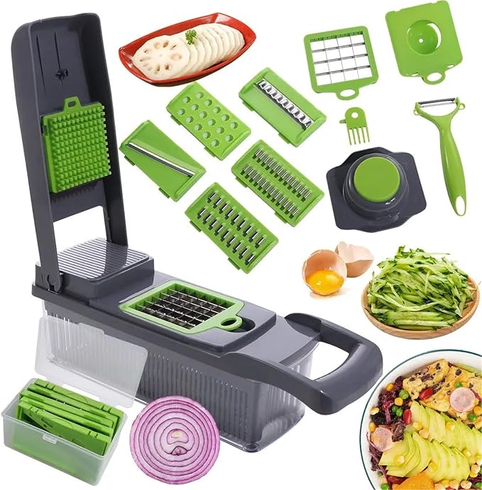 16 in 1 Kitchen Vegetable Cutter with Interchangeable Blades Carrot Grater Potato Peeler Slicer Tool with Storage Container Green