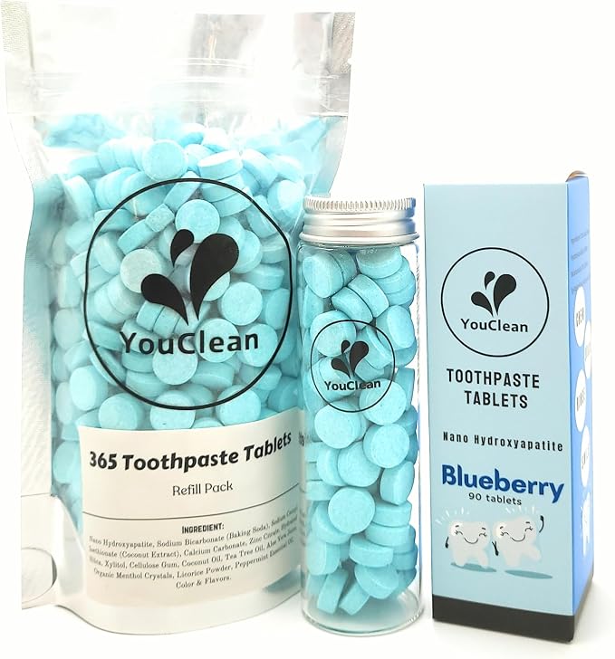 Refill Pack - 365 Toothpaste Tablets - Natural Remineralization & Whitening with Nano Hydroxyapatite - Travel or Daily Use - Fluoride Free (Blueberry365)
