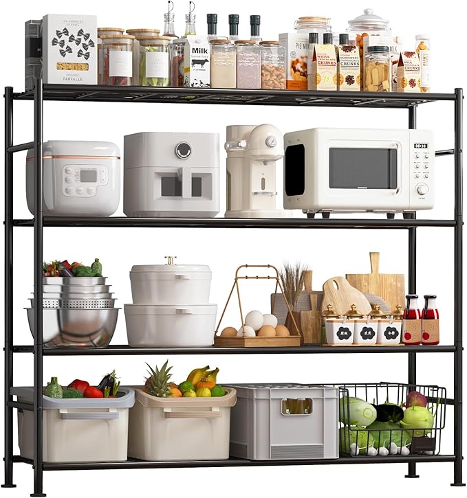 Sakugi Storage Shelves - 4 Tier Shelf Organizer, Heavy Duty Garage Shelving Unit with Leveling Feet, Stable Metal Shelves Organizer for Pantry, Kitchen and Closet, 46.3" W x 12.6" D x 46.6" H, Black