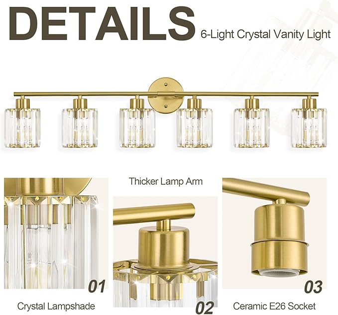 Crystal Bathroom Light Fixtures,Bathroom Lighting Fixtures Over Mirror, Modern 6-Light Brushed Nickel Vanity Lights for Mirror, Restroom,Kitchen(Ceramic E26 Socket,Bulbs Not Include)