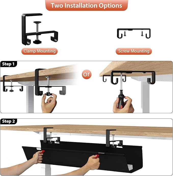 Univivi No Drill Under Desk Cable Management Tray, 36" Cord Organizer for Table, Clamp/Screw Mount Desk Cable Management, Premium Fabric Cable Management Tray for Office, Home