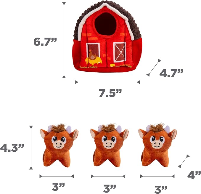 Outward Hound Hide-A-Cow Dog Toy, 2-in-1 Interactive Hide & Seek Plush Puzzle with Barn & 3 Squeaky Highland Cows