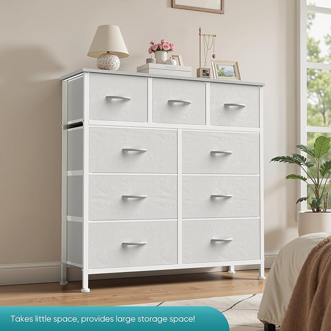 OLIXIS 9 Drawer Storage Dresser with Wood Top - Wide Fabric Chest Organizer for Bedroom, Closet, Living Room,Tower Cabinet, TV Stand, Hallway Entryway Furniture,Bright White