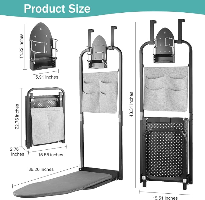Seiritex Over the Door Ironing Board 13x36 inches with Iron Holder and Pocket Storage Bag, Hanging Iron Board for Home Laundry Room, Black
