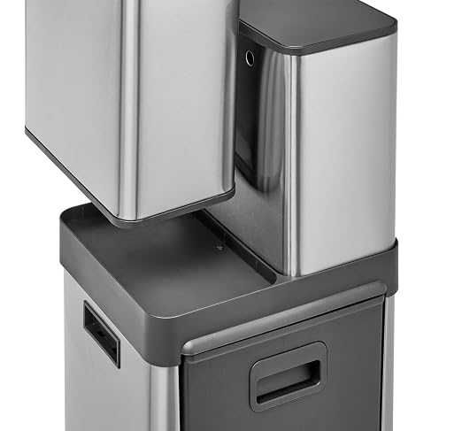 HOLDN’ STORAGE 32L Triple-Compartment Trash & Recycling Bin for Kitchen, 2 Removable Hook-On Bins, Multi-Access Opening, Odor Control, Stainless Steel, 3 Trash Bag Rolls Included