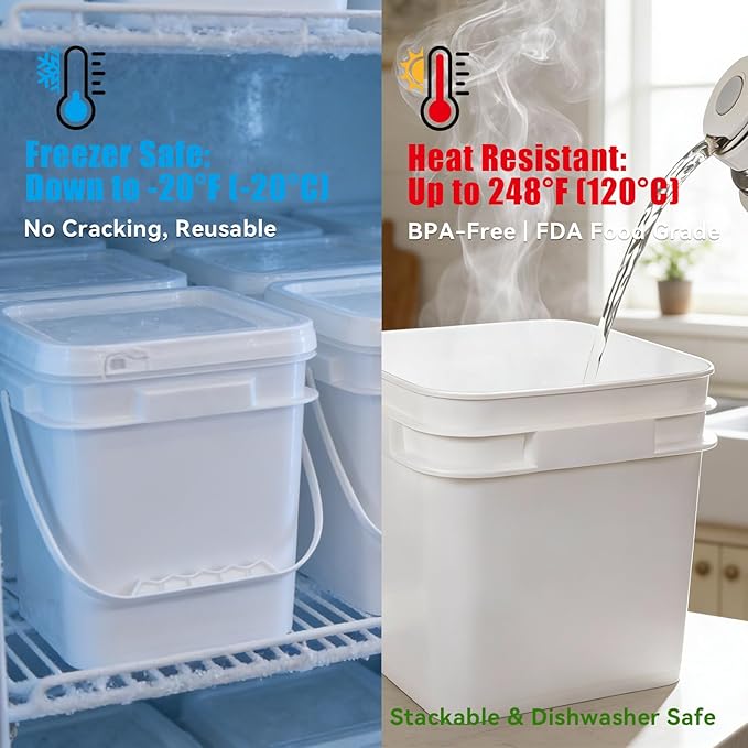 Square Clear Plastic Bucket Set - 4 Packs Airtight Storage Containers with Pressure Lids & Handle, Food Grade for Home & Outdoor (White, 1.3 gal)