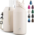 POWCAN 64 oz Water Bottle Insulated with 2-in-1 Straw and Spout Lid, Carrier Bag, Handle Strap, Leakproof, BPA-Free, Half Gallon Metal Water Bottle for Camping, Picnic and Hydration (Cream)