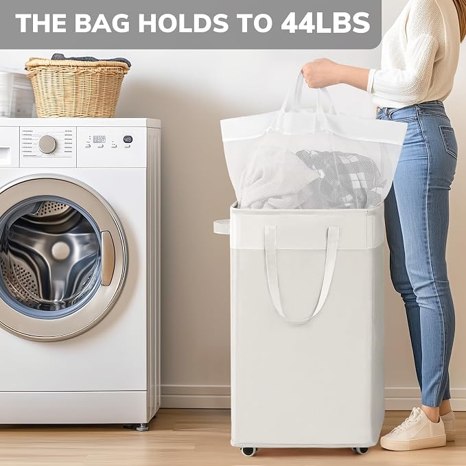 Goodpick Laundry Hamper with Wheels, 75L College Dorm Room Essentials, Clothes Hamper with Removable Wash Bag for Bedroom, Large Laundry Basket with Handle, White