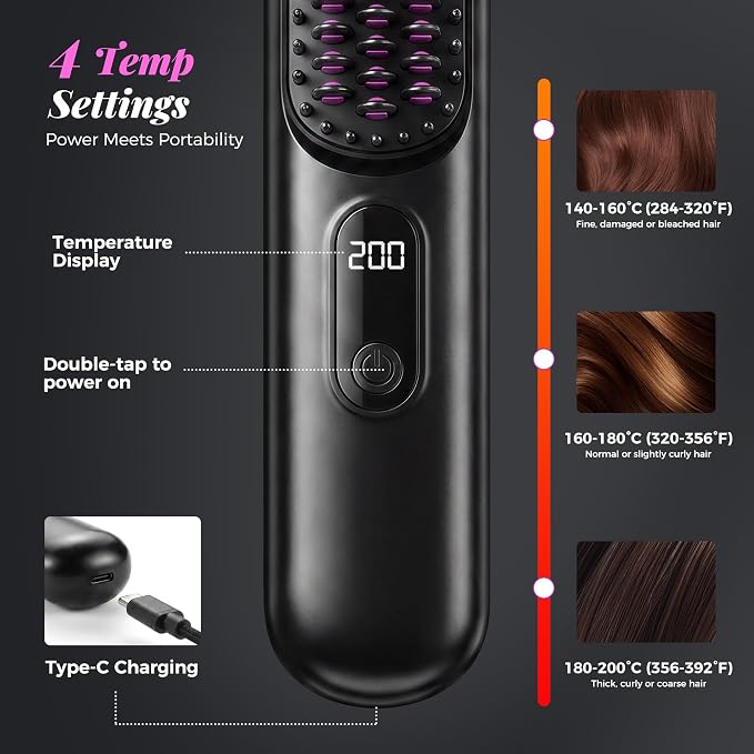 Go Brush Pro 2026, Cordless Hair Straightener Brush, Mini Hair Straightener with 4 Temperature Settings, Portable Hair Straightener Brush with MCH Heating and Ionic & Ceramic Care for Women (Black)