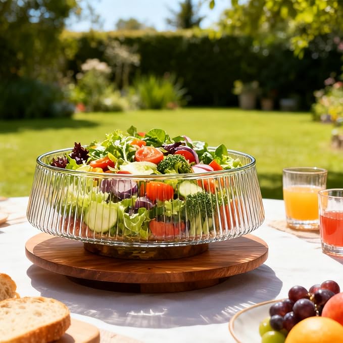 Extra Large Glass Salad Bowl Set, 4.8Qt Mixing Bowl with Acacia Wood Lid, Base and Salad Serving Utensils, Ribbed Serving Bowl Trifle Bowl, Practical Salad Bowls for Kitchen,Parties,Christmas