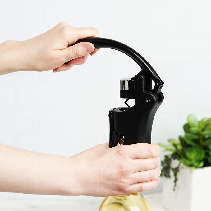 True Vertical Corkscrew Wine Opener with Easy Motion Lever Handle, Durable Stainless Steel and Plastic, Perfect for Home Bar, Kitchen, Outdoor Party, Housewarming Gifts, Set of 1, Black