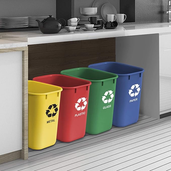 Acrimet Wastebasket Bin for Recycling, 6.75 Gallon/ 27 Quart/ 25.552 Liter (Made of Plastic) (Metal/Yellow, Paper/Blue, Glass/Green, Plastic/Red) (Set of 4)
