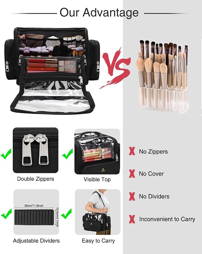 Makeup Brush Bag, Clear Makeup Brush Holder with Lid, Extra Large Capacity Travel Cosmetic Bag Makeup Artist Must Haves, Black Makeup Case, Make Up Organizers and Storage, with Adjustable Dividers