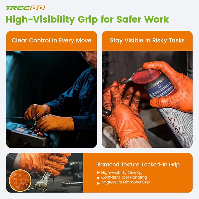 TREEGO Orange 10 Mil Diamond Grip Nitrile Gloves Case, XL, 1000 Count | Latex Free, Heavy Duty Grip for Fleet Maintenance, Heavy Equipment, Utility Service & Outdoor Operations