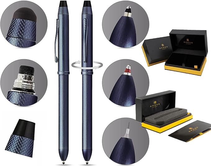 Cross Tech3+ with Sophisticated Brushed diamond pattern finish Barrel & interchangeable cap tops, Multi-function Pen - 0.5 MM Lead Pencil, Black & Red Ink Refills in One Pen. (Blue)