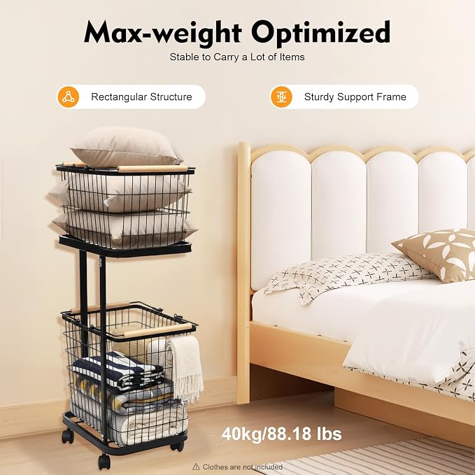 2 Tier Laundry Basket, Removable Metal Wire Laundry Cart with 4 Universal Wheels Rolling Laundry Basket Floor Standing Clothing Garment Sorting Hamper Organizer Load Bearing Capacity 88.18 lbs (Black)