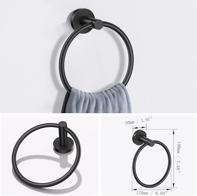 Lairuier Bathroom Hardware Set, 4-Piece Towel Bar Set Include Toilet Paper Holder,Towel Ring and 2 Towel Hooks Stainless Steel Wall Mounted Bathroom Hardware Accessories Set (Matte Black)