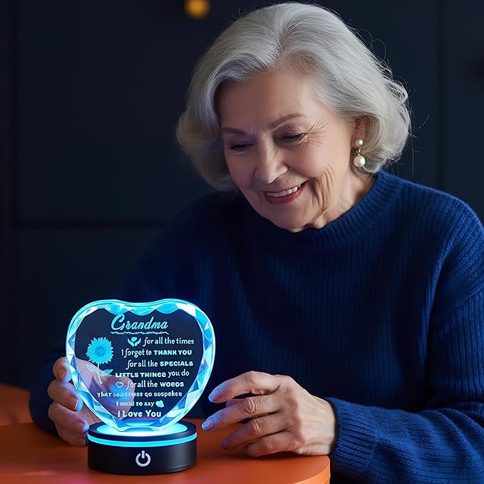 Gifts for Grandma with Colorful LED Base, Meaningful Heart Crystal Grandma Birthday Gifts, Great Gift Ideas for Grandmother on Mothers Day Thanksgiving from Granddaughter or Grandson