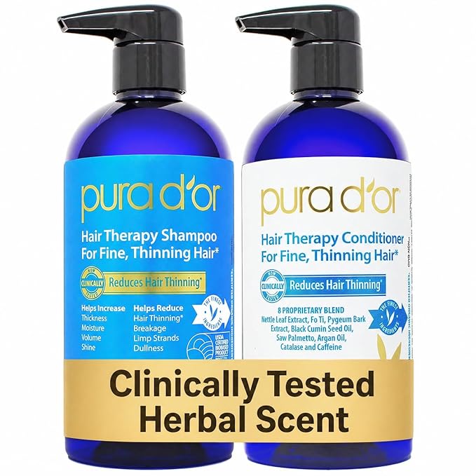 PURA D'OR Hair Thinning Therapy Biotin Shampoo and Conditioner Set, CLINICALLY TESTED Effective Results, Hair Thickening Products For Women & Men, Herbal Scent, Color Safe, 16oz x2
