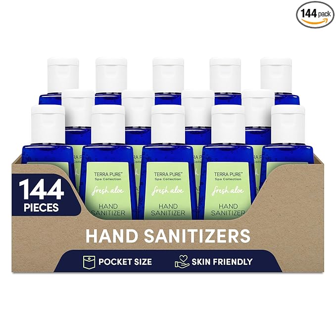 Terra Pure Hand Sanitizer Gel, 1 oz 144 Pack, Alcohol Free Silver Citrate Formula with Aloe Vera and Vitamin E, Non Drying Bulk Travel Size for Hotels, Gyms, Schools, Offices, Events