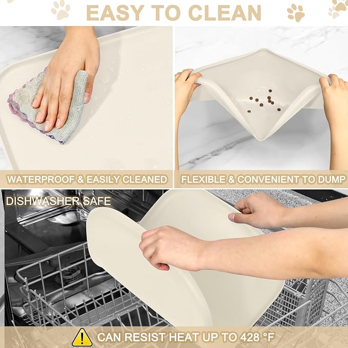 SMILOOL Waterproof Silicone Pet Food Mat with Raised Edge for Dog & Cat | 22" x 14" Non-Slip Pet Feeding Mats with Lip for Food & Water Bowl, Food Grade, Easy Cleaning, White Sand