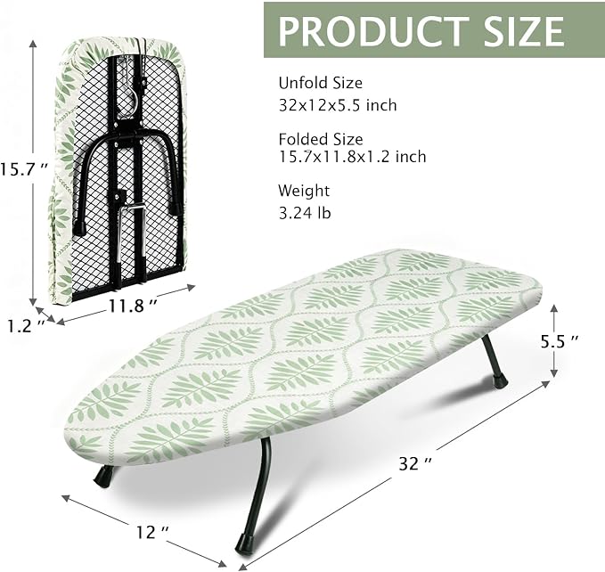 SheeChung Small Ironing Board 12"x32",Mini Ironing Board with Metal Mesh | Foldable,Tabletop,Hanging Hook,Cotton Cover,Heat Resistant Pad,Space Saving,Non-Slip Feet,Fits for Dorm Travel Sewing Room