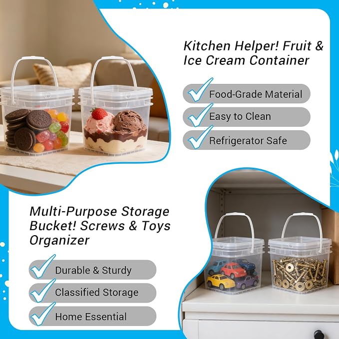 Food Storage Buckets with Lids - 4 Set Square Clear Plastic Containers, Airtight Pressure Seal & Handle for Kitchen Freezer Prep (Clear, 0.8 gal)