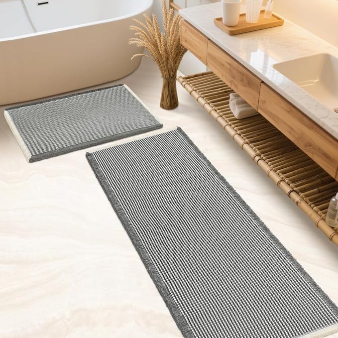 IM HOME Waffle Bath Mat Set 2 Piece Darkgrey & Cream,Woven Modern Bath Rug Mats, Absorbent Non Slip Bath Floor Mat, Soft Washable Boho Bath Rugs with Tassels for Bathroom, Bedroom,Tub