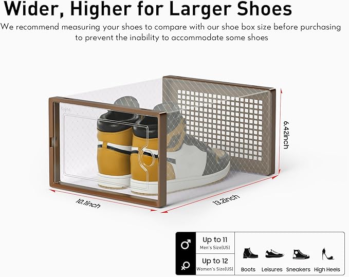 Kuject X-Large Shoe Storage Boxes Organizers for Closet 12 Pack, Fit Size 11,Clear Plastic Stackable Sneaker Containers for Entryway, Space Saving Shoe Rack, Brown