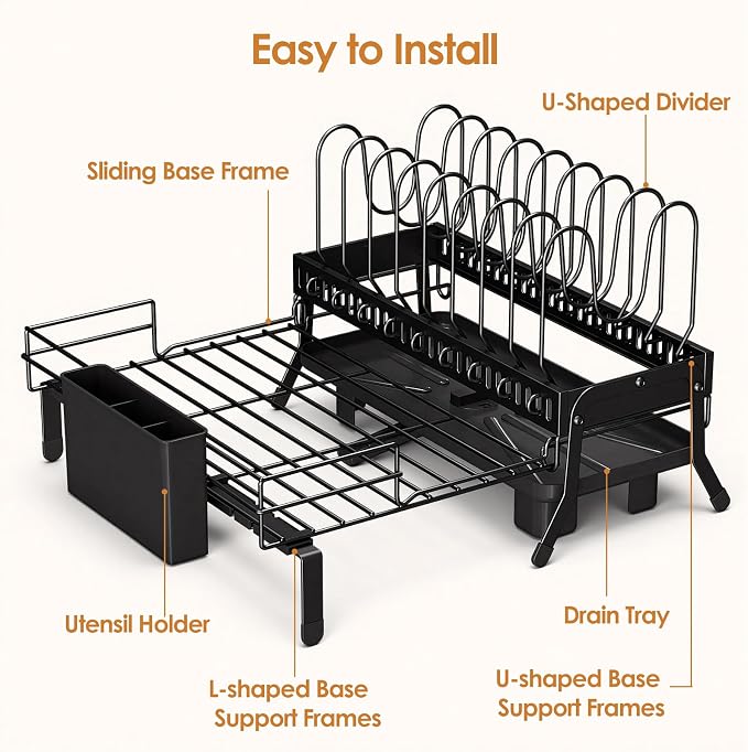 Housolution Large Expandable Dish Drying Rack for Kitchen Counter, Black | Rustproof, 9 Slots for Pan, Lid, Cutting Board, Utensil Holder, Adjustable Support Legs, Rotating Spout, Draining Tray