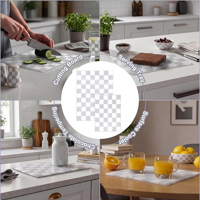 Thenshop Set of 2 Tempered Glass Cutting Boards Silver Gray Check Countertop Cutting Boards Heat Resistant with Non-slip Feet for Kitchen Counter Housewarming Wedding Gift 7.9x11inch+11x15 Inch