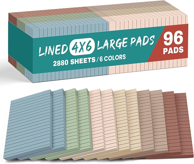 Lined Sticky Notes, 96 Pads, 4x6 Inches, Large Sticky Notes with Lines, Memo Note Pads in Multi Colors, 30 Sheets/Pad, Super Sticking Power for Office ＆ Home & Planning - Vintage
